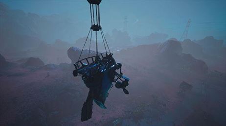 Снимок экрана Biomutant, на котором игрок пилотирует Gullblimp через дюны Клуппи ночью.