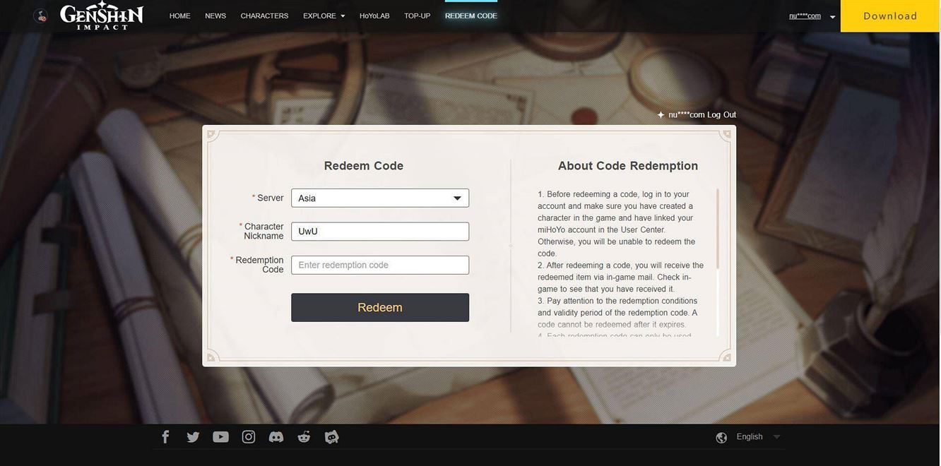 Вставьте код в поле Redemption Code (изображение от miHoYo)