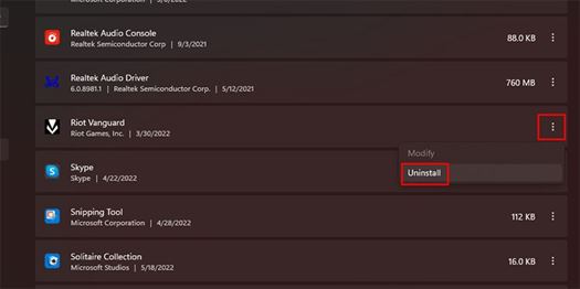 Удаление Riot Vanguard с помощью приложений и функций