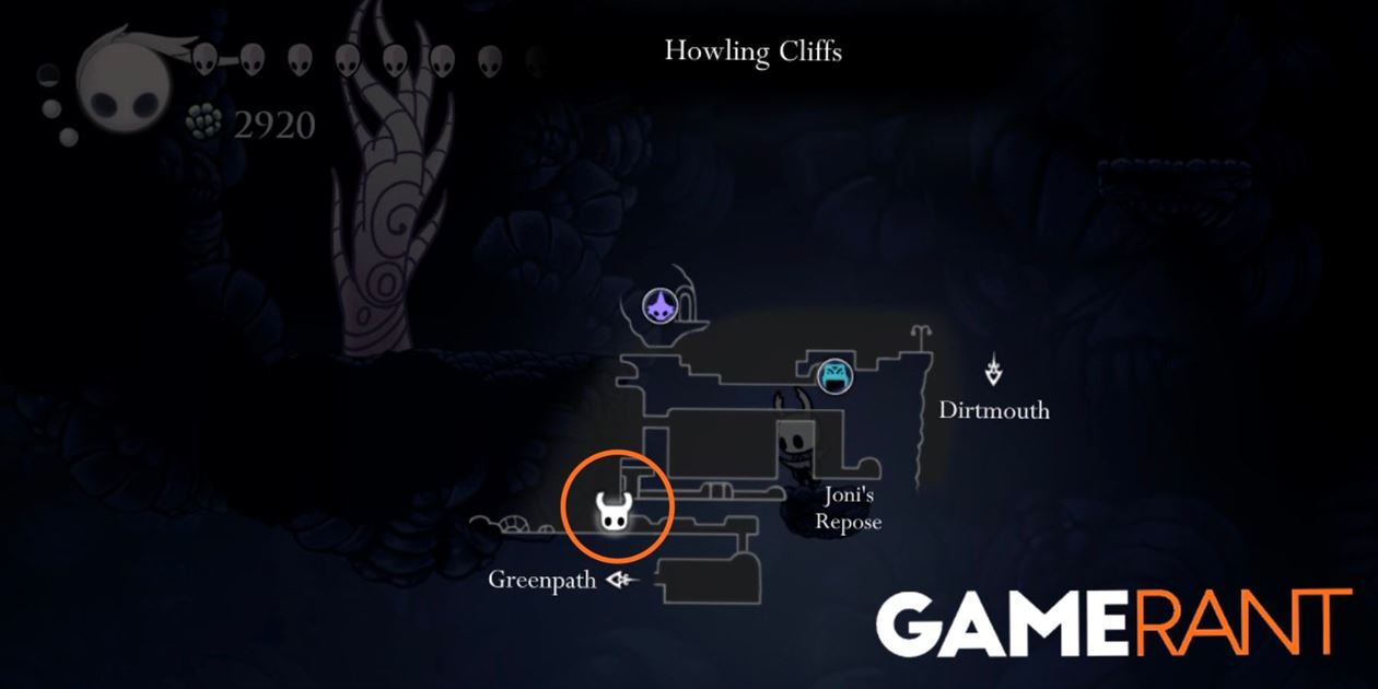 Местоположение карты Hollow Knight Howling Cliffs Whispering Root