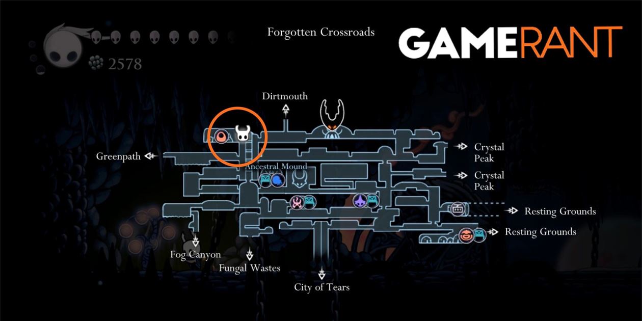 Расположение карты Hollow Knight Forgotten Crossroads Whispering Root