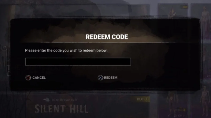 Окно погашения кода Dead by Daylight.  «Пожалуйста, введите код, который вы хотите погасить ниже» с текстовым полем под ним