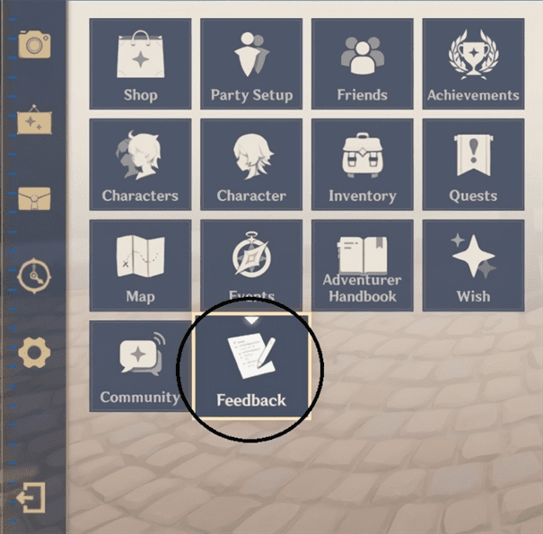 Меню Genshin Impact о том, как найти опцию обратной связи