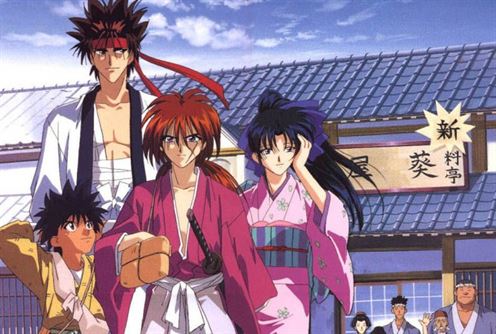 Кеншин, Каору, Яхико и Саносукэ из аниме-сериала Rurouni Kenshin.