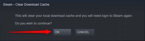 Экран подтверждения удаления кеша Steam.