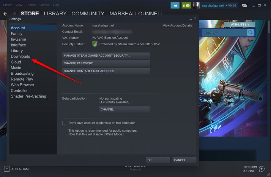 Параметр «Загрузки» в меню настроек Steam.