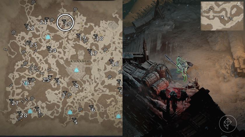 Алтарь Лилит 21, найденный в Крепости Дракона Кор в Diablo 4 / IV, изображен на аннотированной карте и на скриншоте из игры.