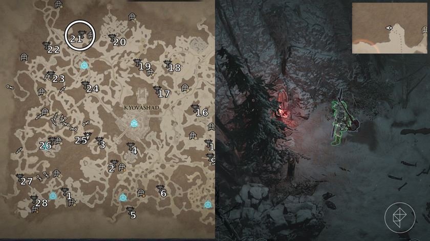 Алтарь Лилит 21, найденный в районе Западных Путей на перевале Саркова в Diablo 4/IV, изображен на аннотированной карте и скриншоте из игры.